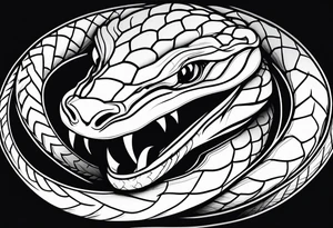 Copperhead coiled up with head turned up and mouth open and copper colored eyes tattoo idea