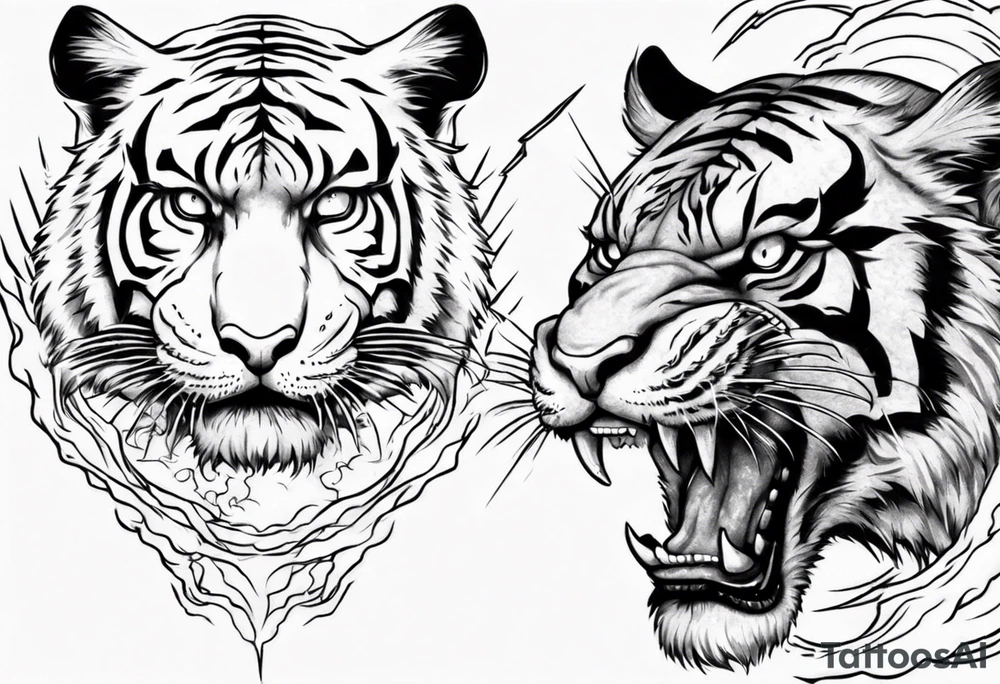 Tiger with lightning and the sun in the background for a sleeve tattoo tattoo idea