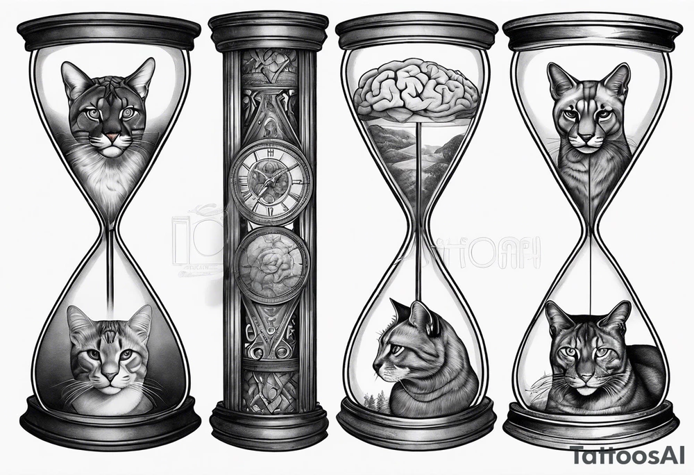 Brain in sagittal section and cougar cat face inside hourglass. Brain in lower level, coguar in an upper level tattoo idea