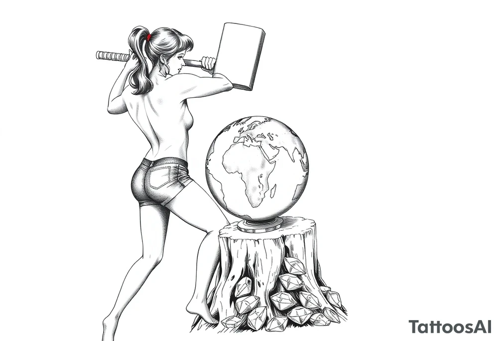 pin up girl in very short shorts swinging a very large headed mallet onto a small version of the earth globe, the earth glove is on top of a tree stump, the earth globe is in contact with the  mallet and being compressed by the mallet, and at the base of the stump is a pile of diamonds. Her short shorts are not covering her butt all the way. She is facing me with her breast bare and out. tattoo idea