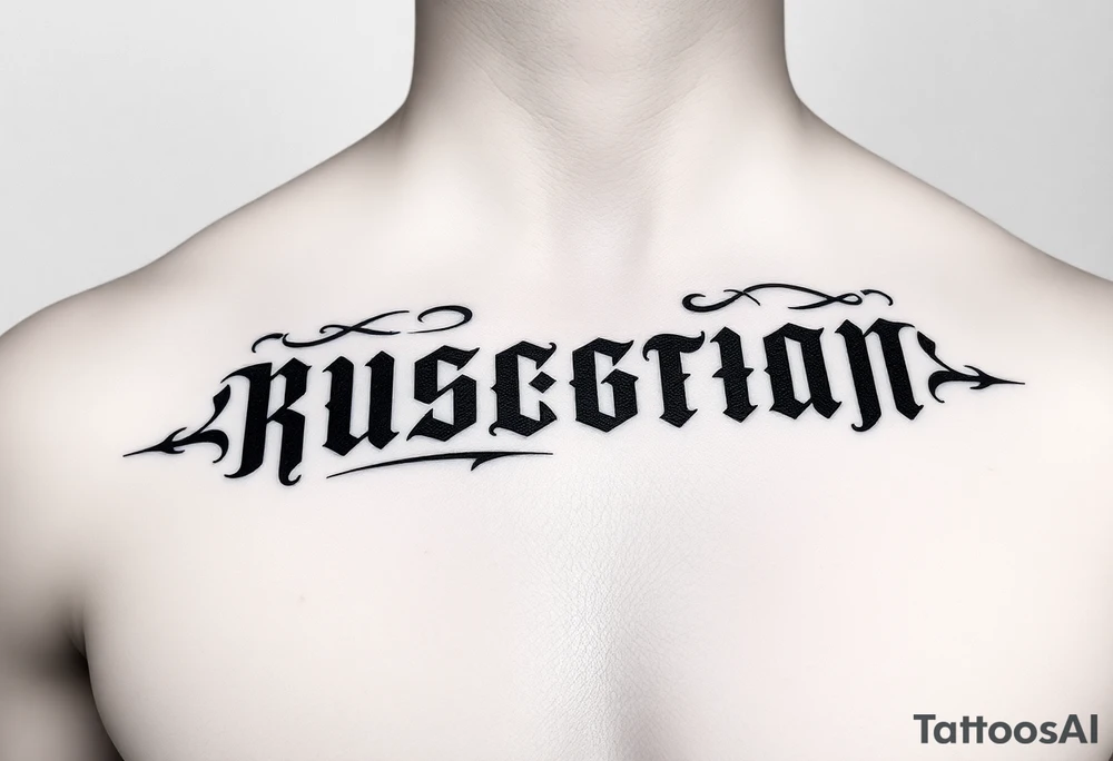 Russian lettering across top of chest, small tattoo idea