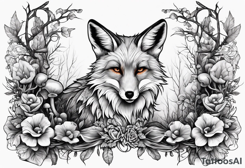 Dear fox skeleton with mushrooms growing out of it tattoo idea Dear fox skeleton with mushrooms growing out of it tattoo idea