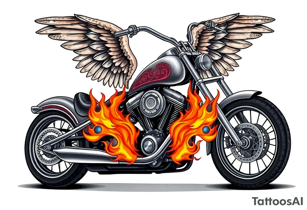 Low rider grey motorcycle, big muffler pipes with flames, angel wings tattoo idea