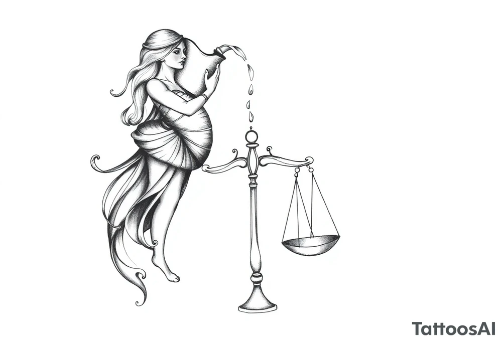 I want a tattoo that combines the Aquarius water bearer and the Libra scales. The water should flow elegantly from the jug, merging into or balancing the scales below. tattoo idea
