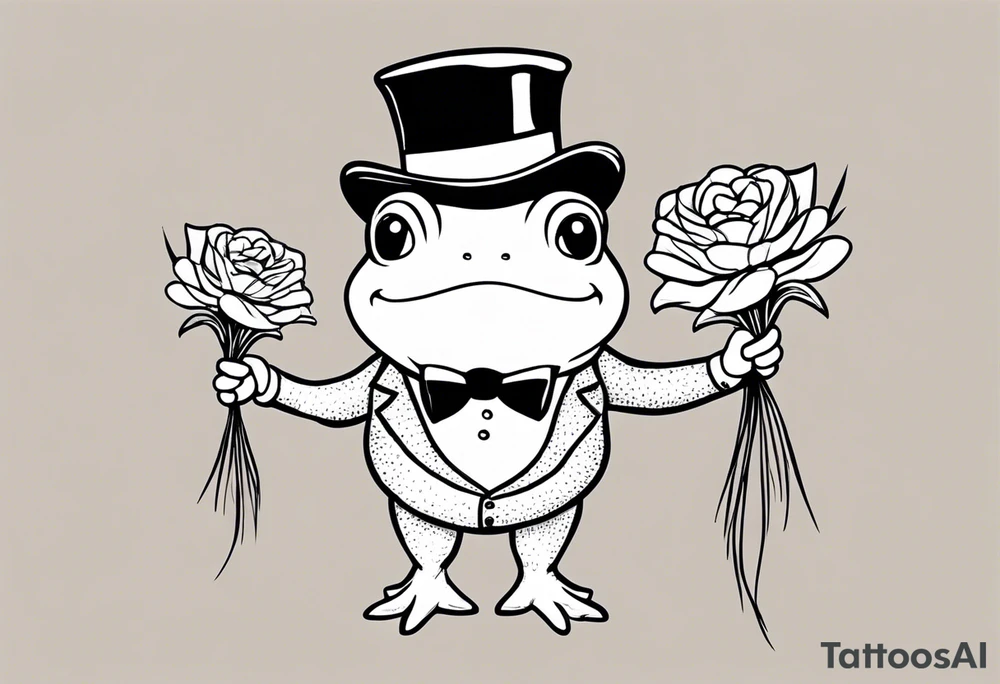 Cute toad standing on back legs  in a top hat and a formal suit holding flowers to go on a date tattoo idea