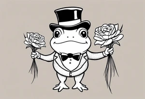 Cute toad standing on back legs  in a top hat and a formal suit holding flowers to go on a date tattoo idea