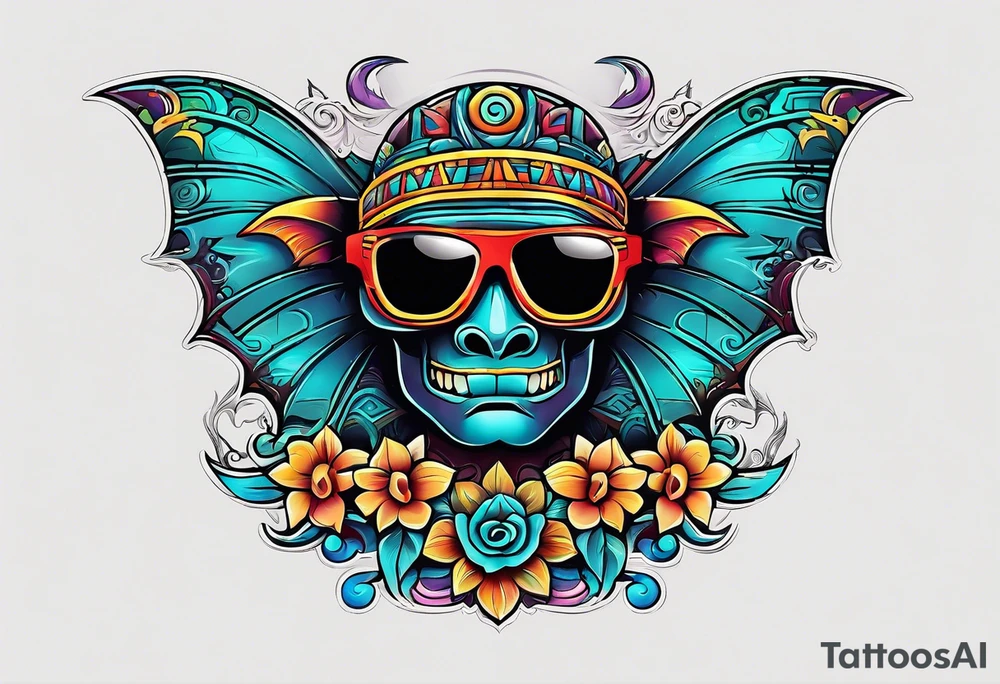 Colorful Mayan hieroglyph wearing sunglasses with bats and water tattoo idea