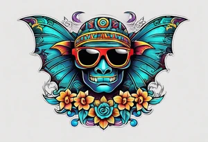 Colorful Mayan hieroglyph wearing sunglasses with bats and water tattoo idea