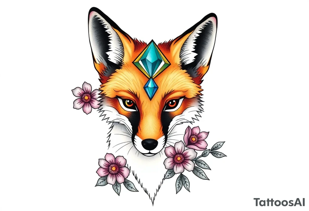 adult fox with mystical blue jewel on forehead smelling wild flowers tattoo idea