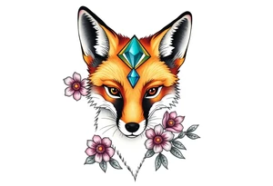 adult fox with mystical blue jewel on forehead smelling wild flowers tattoo idea