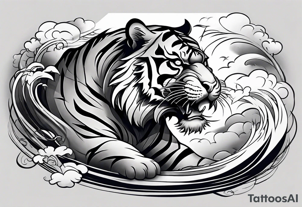 Asian Japanese Chinese style tiger with a full body not just head twisting body for a forearm half sleeve, clouds tattoo idea
