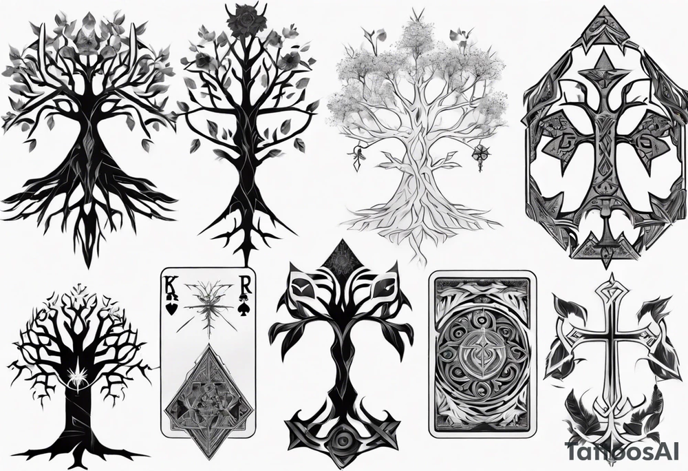White Tree of Gondor, Geometric symbols, Viking cross, playing cards, flowers, lord of the rings, Native American headdress tattoo idea