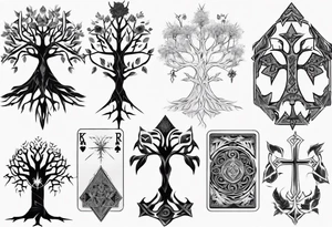 White Tree of Gondor, Geometric symbols, Viking cross, playing cards, flowers, lord of the rings, Native American headdress tattoo idea