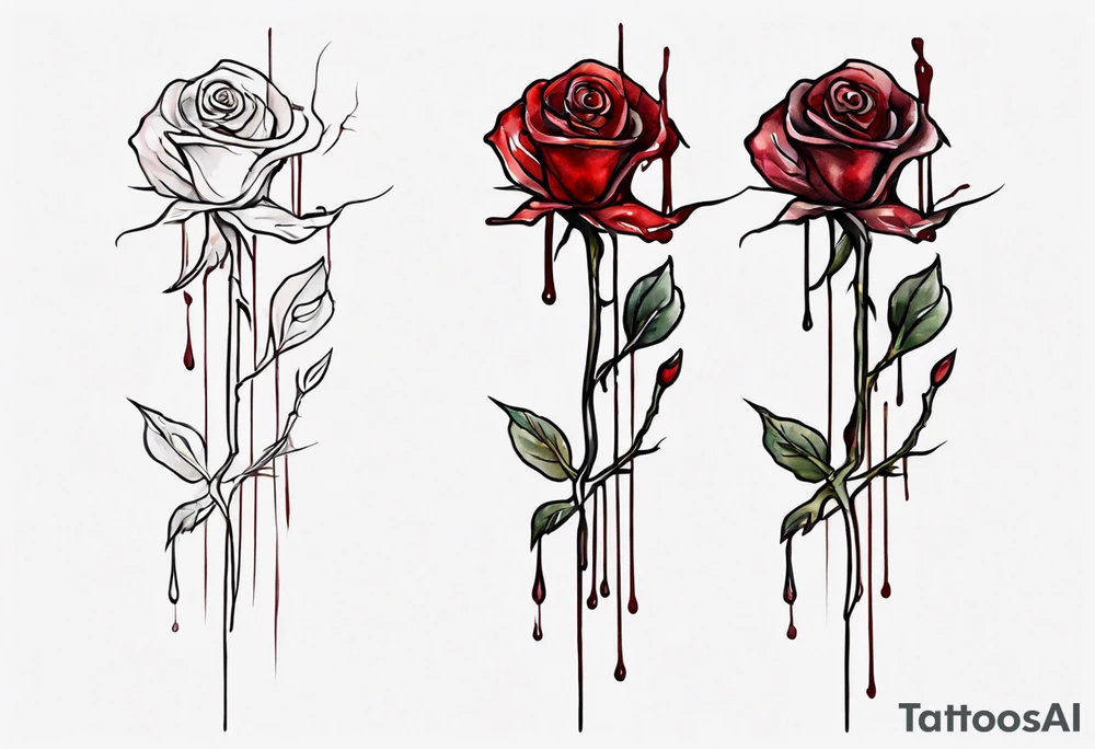 rose flower, one line, red blood dripping from the flower, tall, watercolor, with a small
 Christian cross as the stem tattoo idea