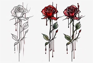 rose flower, one line, red blood dripping from the flower, tall, watercolor, with a small
 Christian cross as the stem tattoo idea