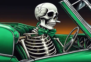 Skeleton smoking a cigarette driving a green 1976 convertible Corvette tattoo idea