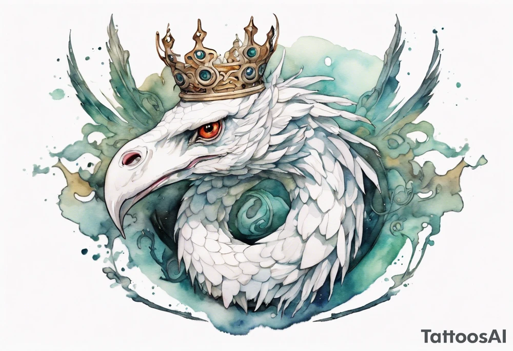 a white bird-serpent hybrid, wearing an iron crown on its head tattoo idea