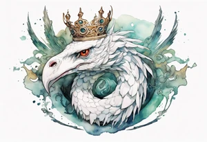 a white bird-serpent hybrid, wearing an iron crown on its head tattoo idea