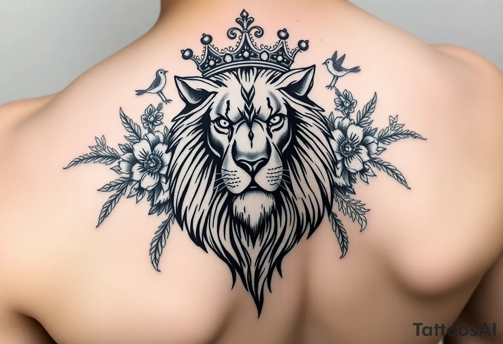 powerful majestic lion with a crown, surrounded by floral ornaments and birds tattoo idea