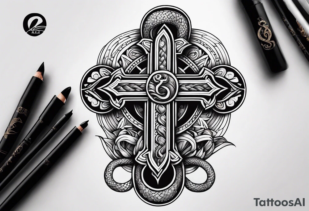 a cross with a snake around it tattoo idea