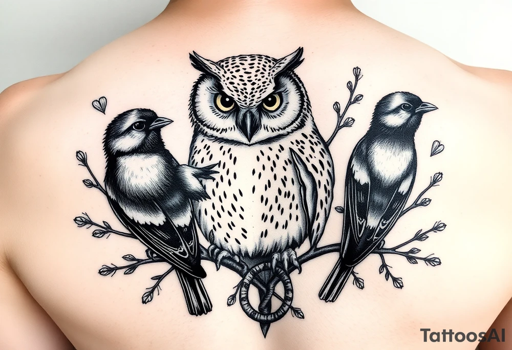 A barn owl and 2 magpies, entwined by rowan tree branches. In fineline and dotwork tattoo idea