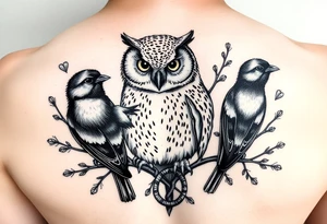A barn owl and 2 magpies, entwined by rowan tree branches. In fineline and dotwork tattoo idea