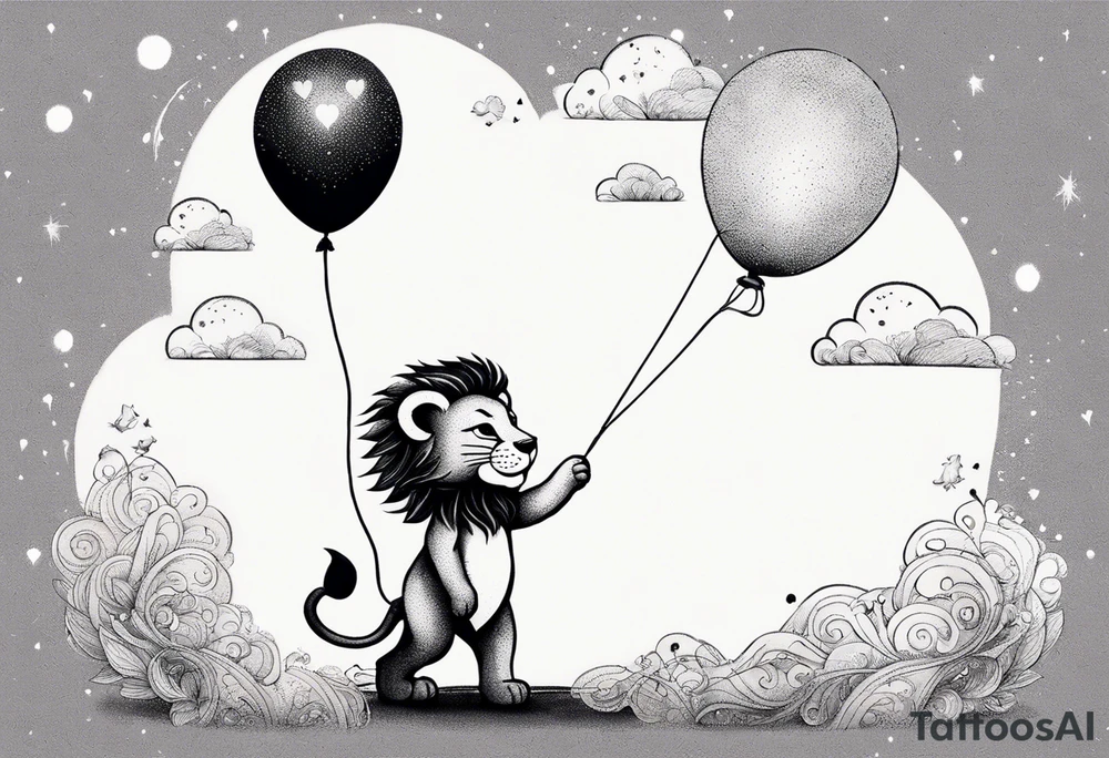tatoo in sketch style only.
A little lion boy is holding a string to the hearth shaped small party baloon.
lion boy should be drawed from behind and has one hand reaching up in 45 degree angle and holding the baloon string
On the string is a wave which look like a hearbeat pulse.
draw it without any scenery, without any background. Just a boy 
Add heartbeat pulse on the string tattoo idea