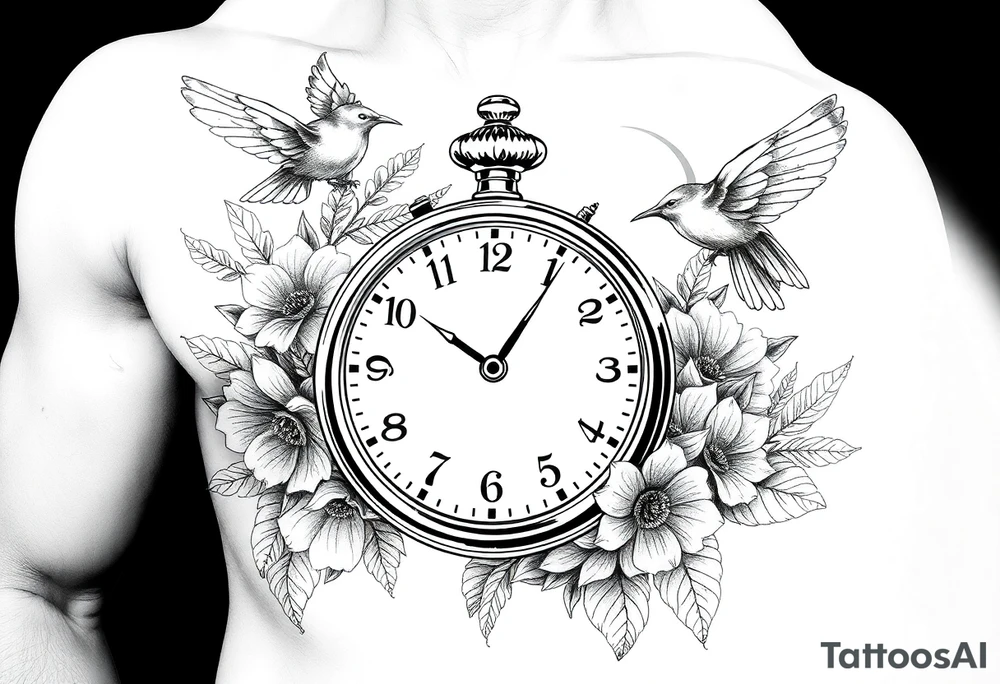 Pocket watch , surrounded by floral ornaments and birds, name spaces tattoo idea