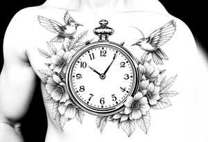 Pocket watch , surrounded by floral ornaments and birds, name spaces tattoo idea