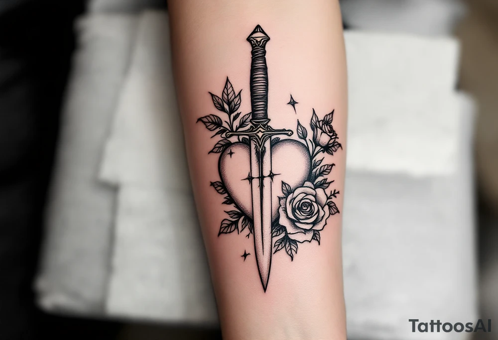 dagger piercing a heart with roses tattoo idea