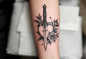 dagger piercing a heart with roses tattoo idea
