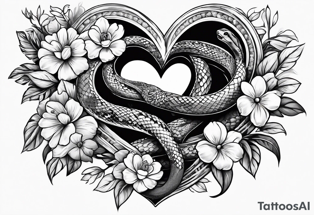 snakes wrapped around a heart with flowers tattoo idea