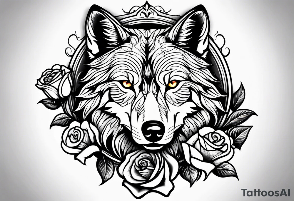 Rose with flames from top into a wolf tattoo idea