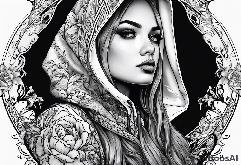 Hidden gothic hooded girl tattoo idea