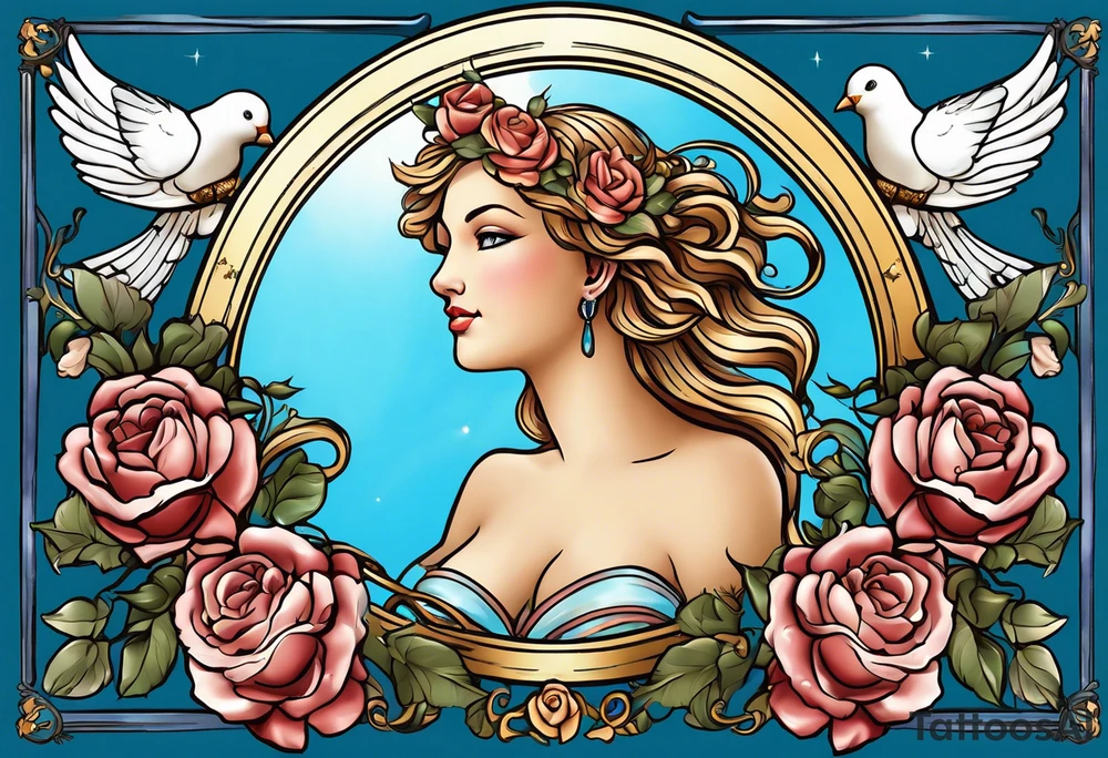 Portrait of Aphrodite: A face or full-length image of the goddess, often in a realistic style, perhaps decorated with flowers, seashells, or doves.rose, doves, shells and a mirror in his hand. background sea, blue roses frames,, romantic,background  fly boy wings and a bow, cupido tattoo idea