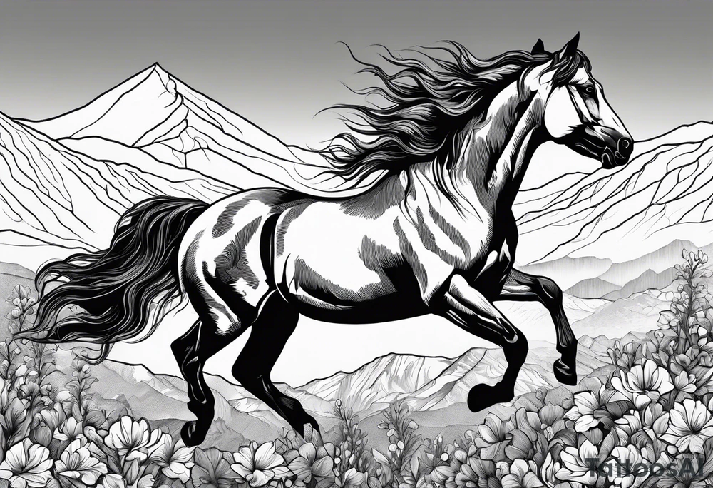 bucking horse, mountains background, flowers, western tattoo idea