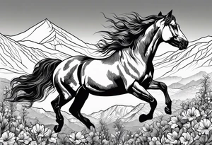 bucking horse, mountains background, flowers, western tattoo idea