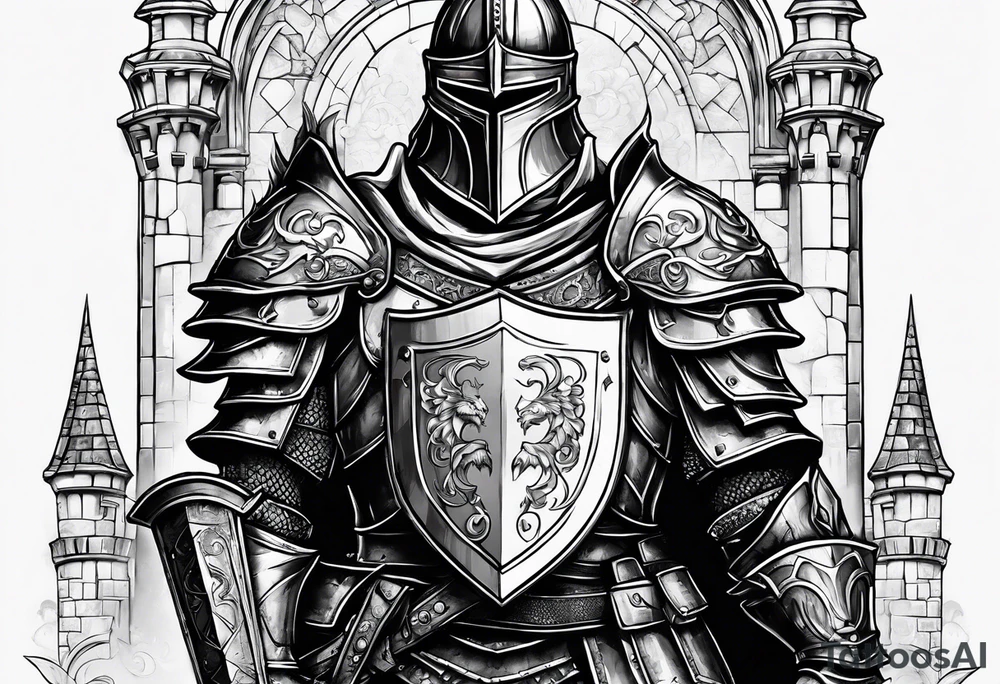 knight with heavy armor  and castle tattoo idea