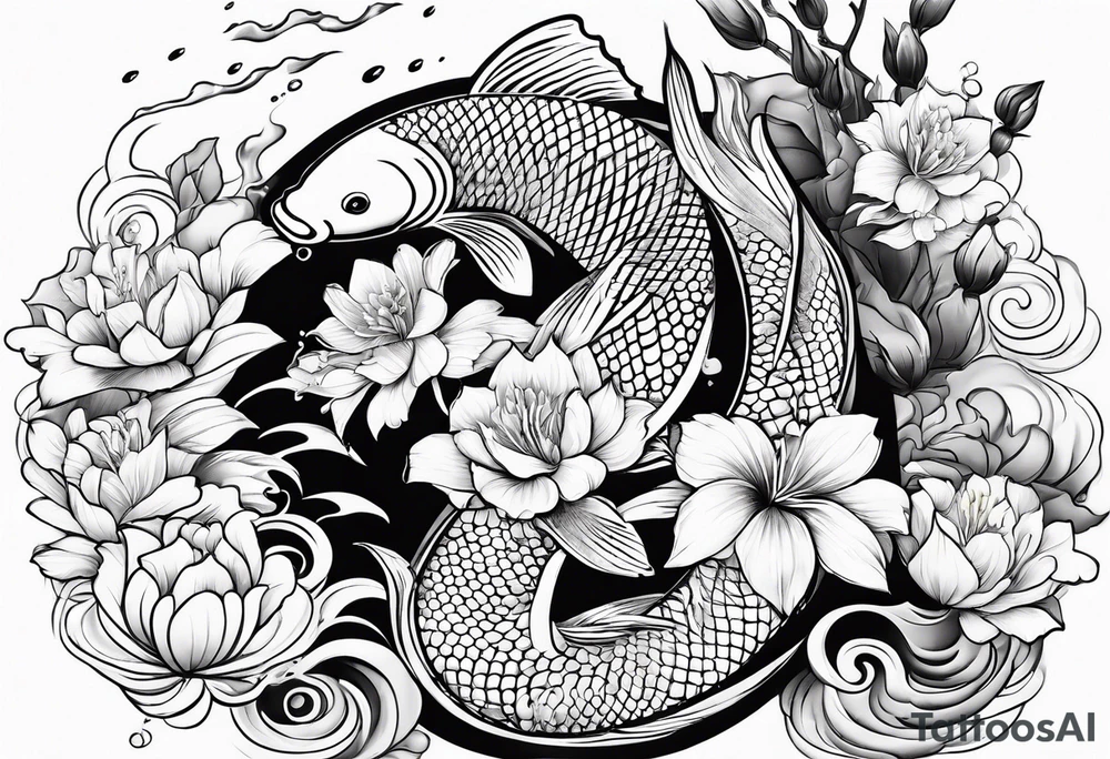 karpa koi whit flower and water tattoo idea
