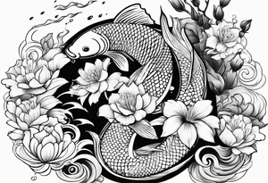 karpa koi whit flower and water tattoo idea