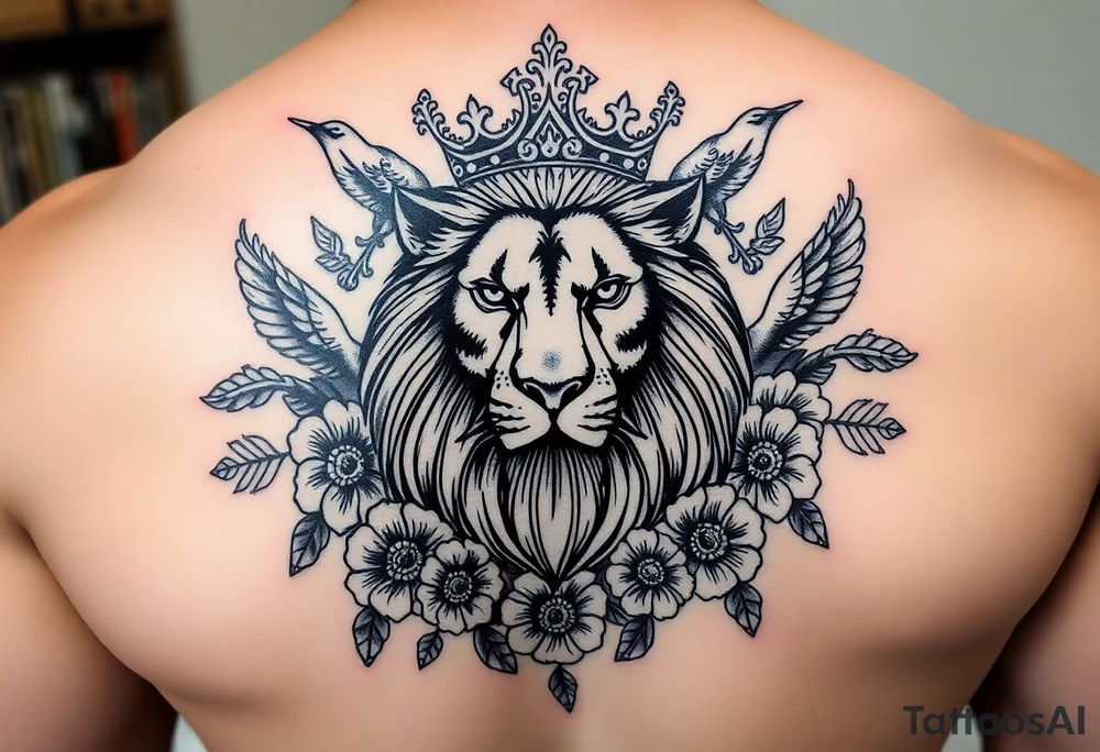 powerful majestic lion with a crown, surrounded by floral ornaments and birds tattoo idea