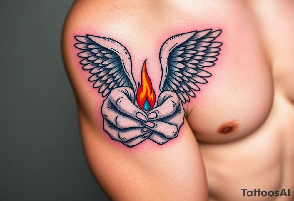 A Guardian Angel’s Hands Holding a Small Flame (only red , blue and black are possible colors) tattoo idea