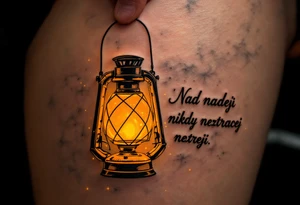 "Nad nadeji nikdy neztracej nadeji." — A glowing lantern held aloft in darkness, inked in warm yellows and golds, lighting up the quote around it in clean black serif. tattoo idea
