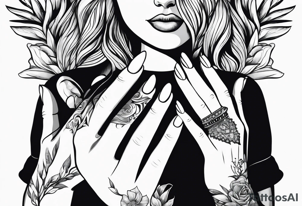 two lady hands holding a white, shiny tooth tattoo idea