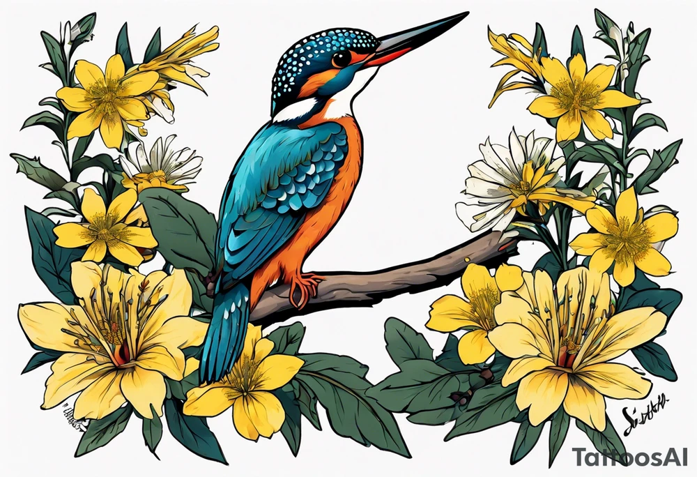 Thigh tattoo of a Kingfisher taking flight surrounded by St John's Wort flowers (each flower has 5 petals) tattoo idea