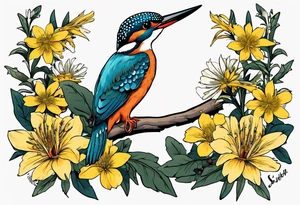 Thigh tattoo of a Kingfisher taking flight surrounded by St John's Wort flowers (each flower has 5 petals) tattoo idea
