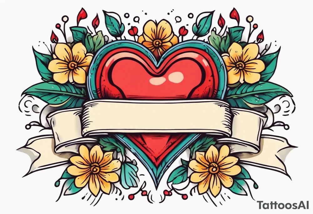 heart traditonal vintage tattoo colorful with flowers and banner tattoo idea