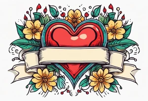 heart traditonal vintage tattoo colorful with flowers and banner tattoo idea
