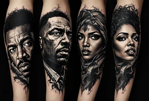 Civil rights and black liberation of African American historic figures and events and 1950’s - 1970’s theme  Malcom x Martin Luther king James brown Diana Ross and the supremes black panthers tattoo idea