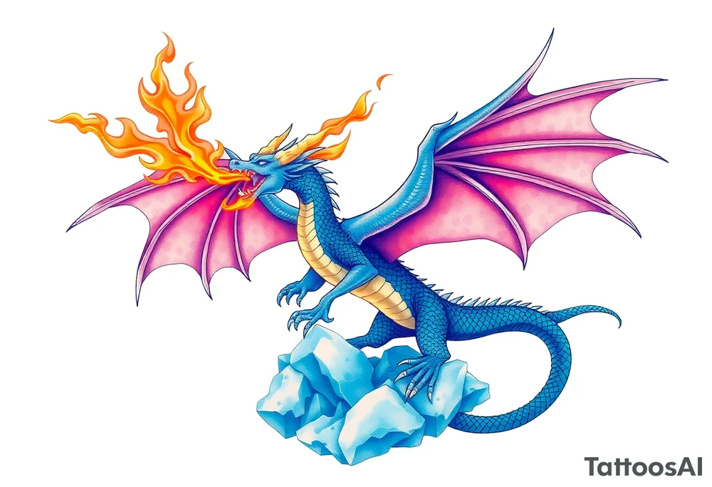 Blue fire breathing dragon with wings spread flying over ice tattoo idea